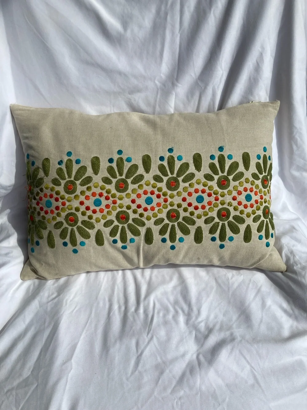 CRATE and  BARREL Embroidered Lumbar Pillow  Boho Linen Cotton 17 x 11 inches